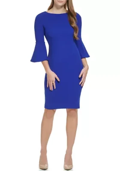 Women's 3/4 Boat Neck Bell Sleeve Scuba Sheath Dress