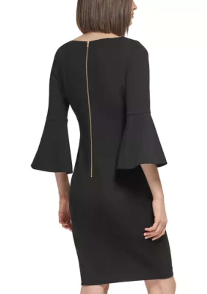 Women's 3/4 Boat Neck Bell Sleeve Scuba Sheath Dress