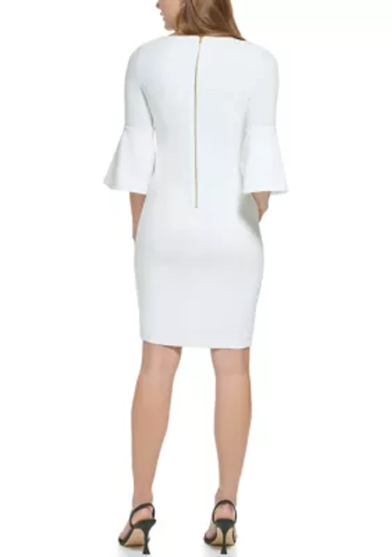 Women's 3/4 Boat Neck Bell Sleeve Scuba Sheath Dress