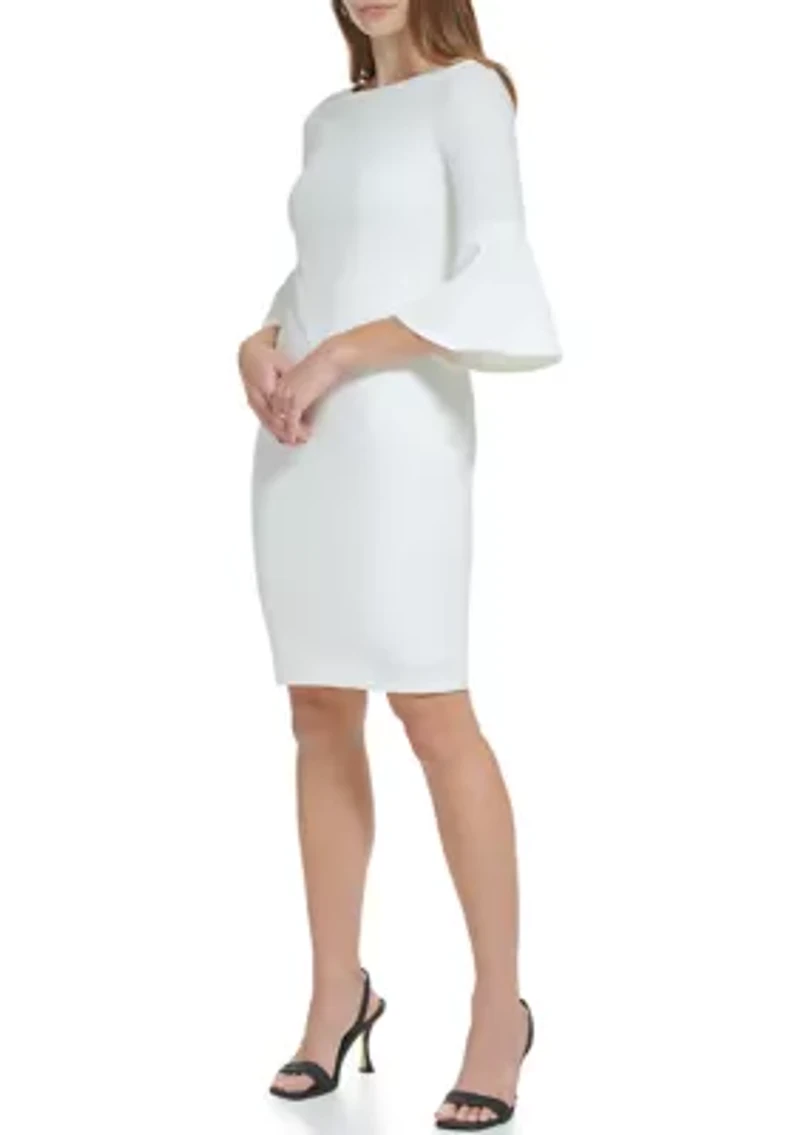 Women's 3/4 Boat Neck Bell Sleeve Scuba Sheath Dress
