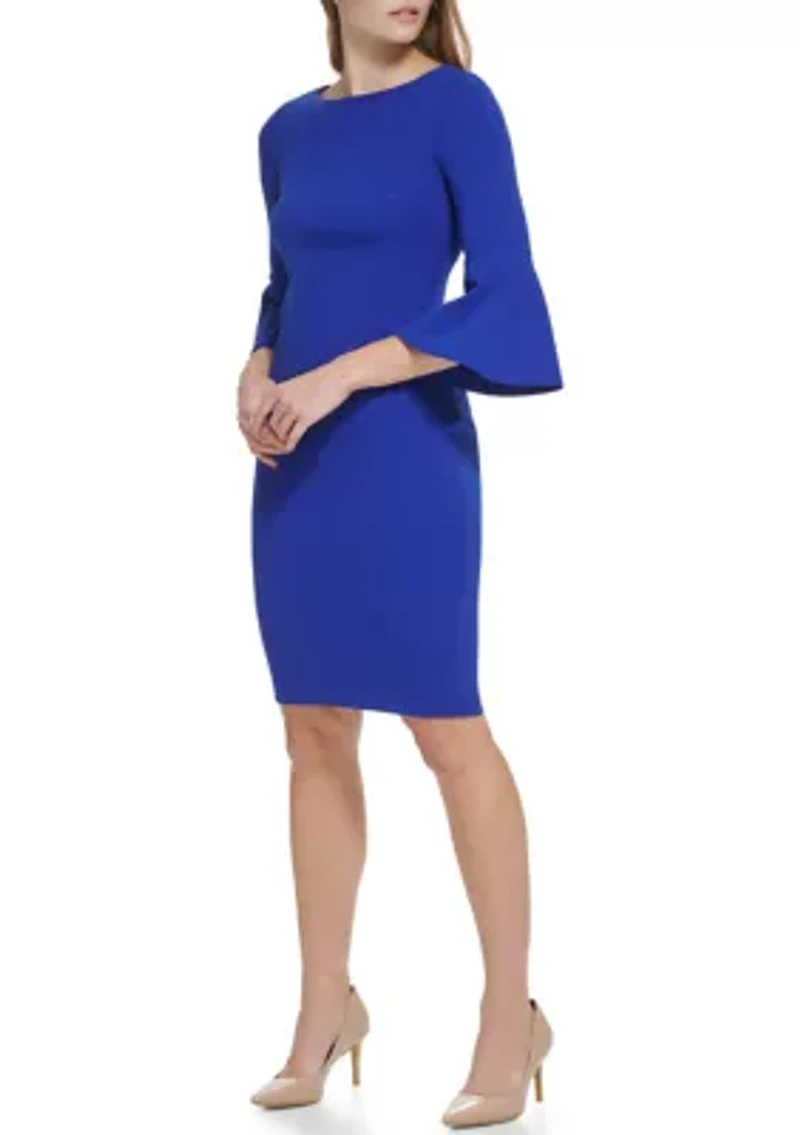 Women's 3/4 Boat Neck Bell Sleeve Scuba Sheath Dress