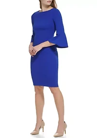 Women's 3/4 Boat Neck Bell Sleeve Scuba Sheath Dress