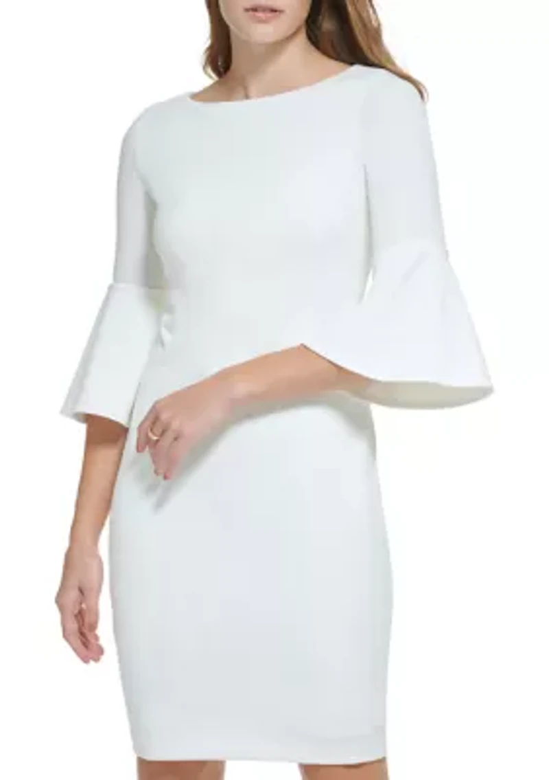 Women's 3/4 Boat Neck Bell Sleeve Scuba Sheath Dress