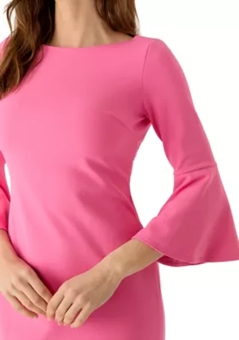 Women's 3/4 Boat Neck Bell Sleeve Scuba Sheath Dress