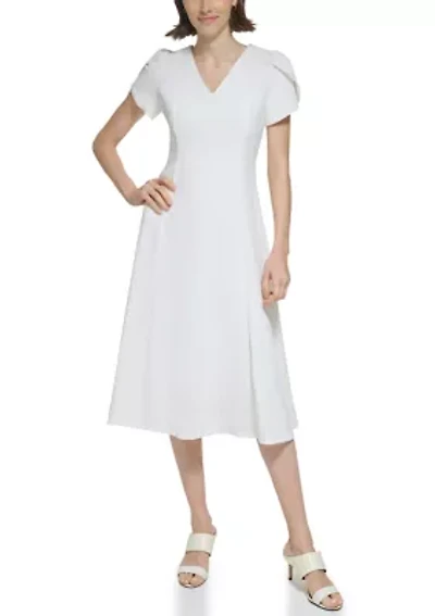Women's Short Tulip Sleeve V-Neck Solid Fit and Flare Dress