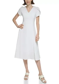 Women's Short Tulip Sleeve V-Neck Solid Fit and Flare Dress