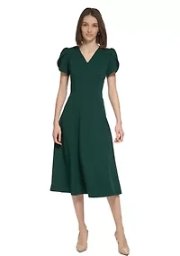 Women's Short Tulip Sleeve V-Neck Solid Fit and Flare Dress