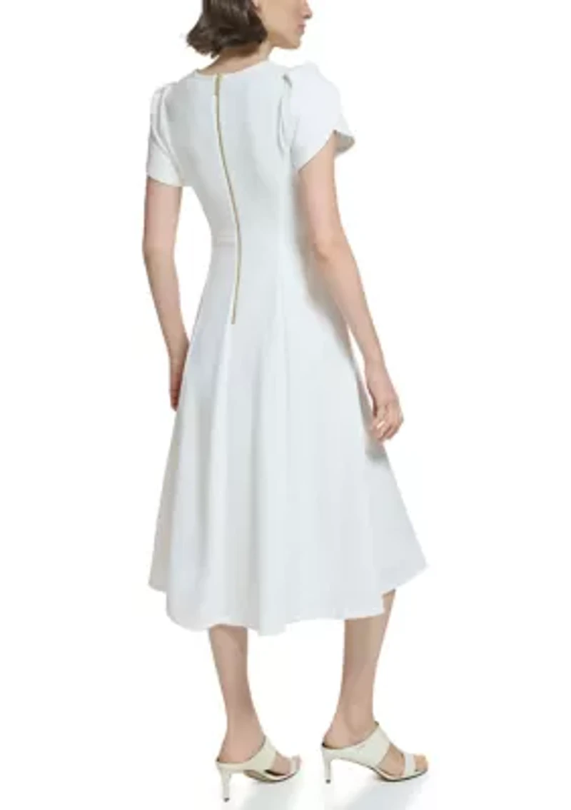 Women's Short Tulip Sleeve V-Neck Solid Fit and Flare Dress