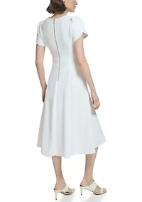 Women's Short Tulip Sleeve V-Neck Solid Fit and Flare Dress