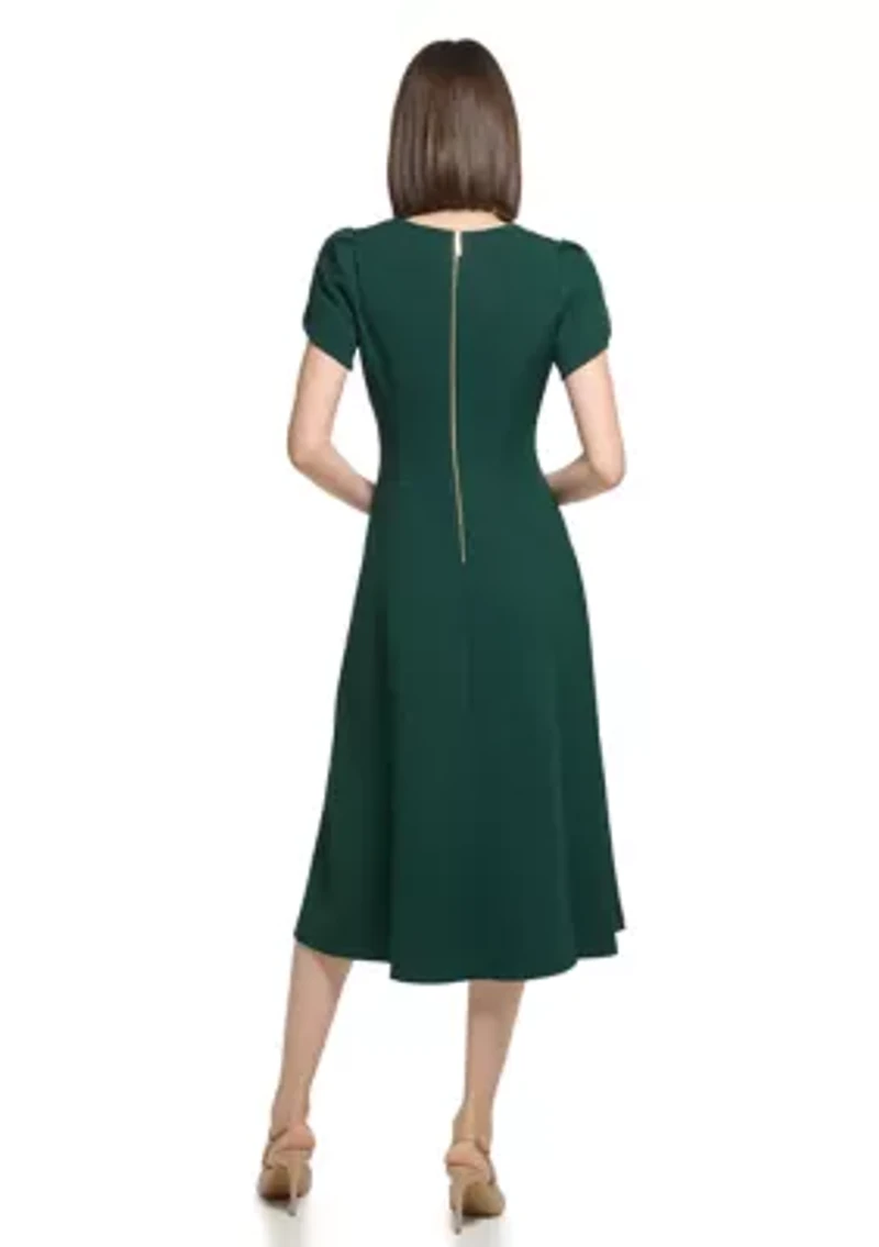 Women's Short Tulip Sleeve V-Neck Solid Fit and Flare Dress