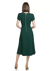 Women's Short Tulip Sleeve V-Neck Solid Fit and Flare Dress