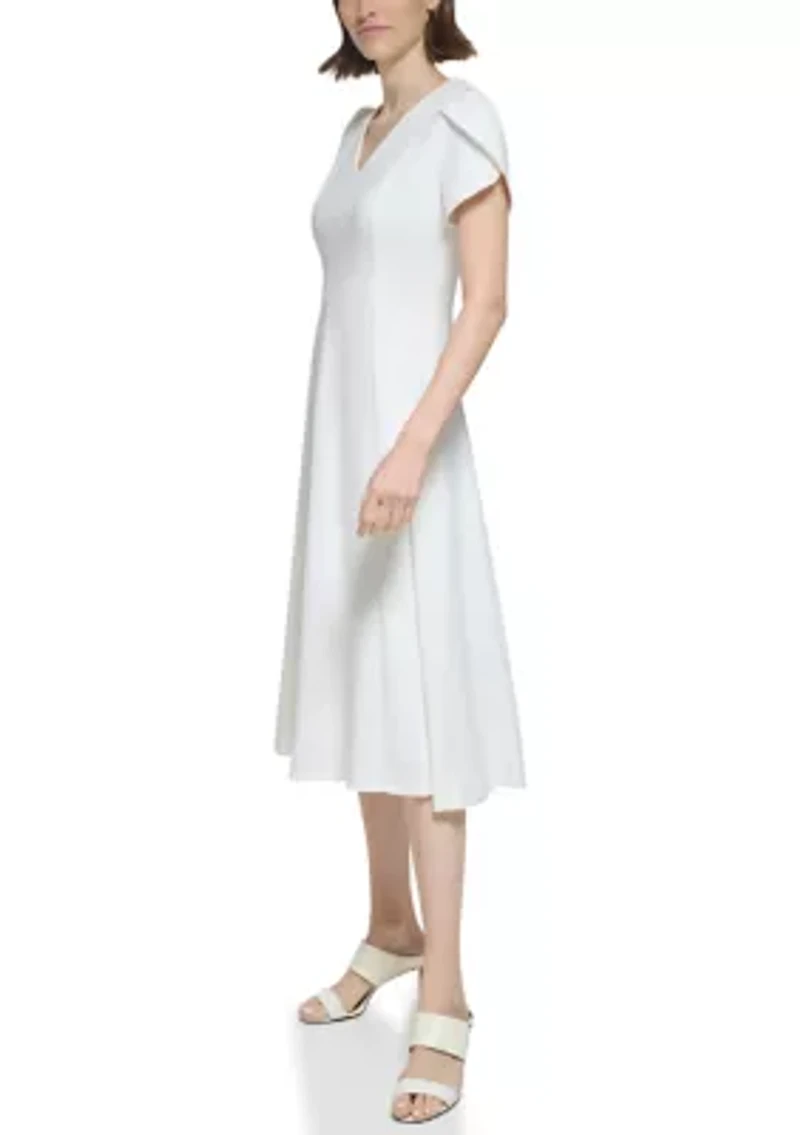 Women's Short Tulip Sleeve V-Neck Solid Fit and Flare Dress