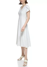 Women's Short Tulip Sleeve V-Neck Solid Fit and Flare Dress