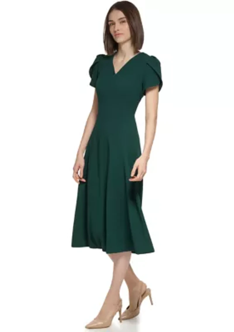 Women's Short Tulip Sleeve V-Neck Solid Fit and Flare Dress