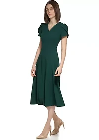 Women's Short Tulip Sleeve V-Neck Solid Fit and Flare Dress