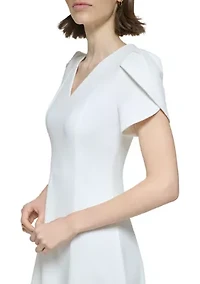 Women's Short Tulip Sleeve V-Neck Solid Fit and Flare Dress