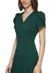 Women's Short Tulip Sleeve V-Neck Solid Fit and Flare Dress