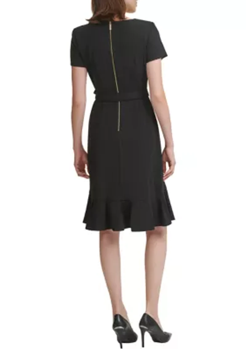 Women's Short Sleeve Boat Neck Tie Wrap Waist Ruffle Skirt Solid Fit and Flare