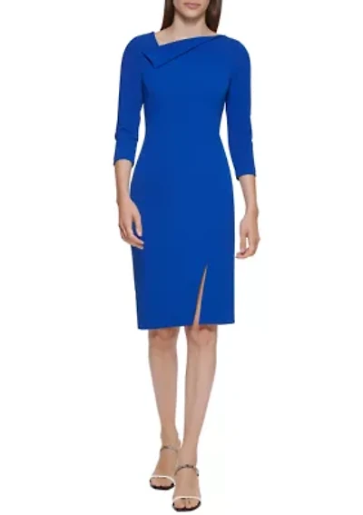 Women's 3/4 Sleeve Drape Neck Slit Trim Solid Sheath Dress
