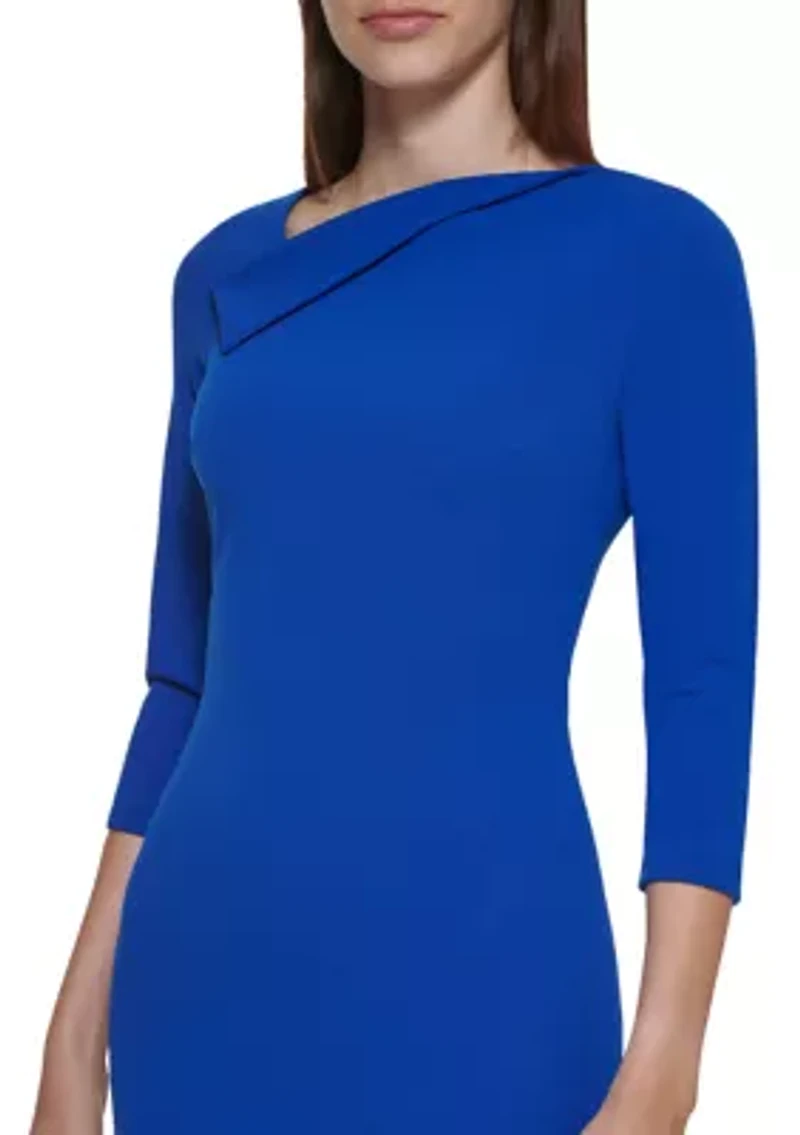 Women's 3/4 Sleeve Drape Neck Slit Trim Solid Sheath Dress