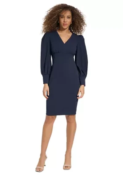 Women's Long Sleeve V-Neck Puff Solid Sheath Dress