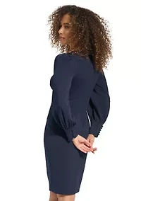 Women's Long Sleeve V-Neck Puff Solid Sheath Dress