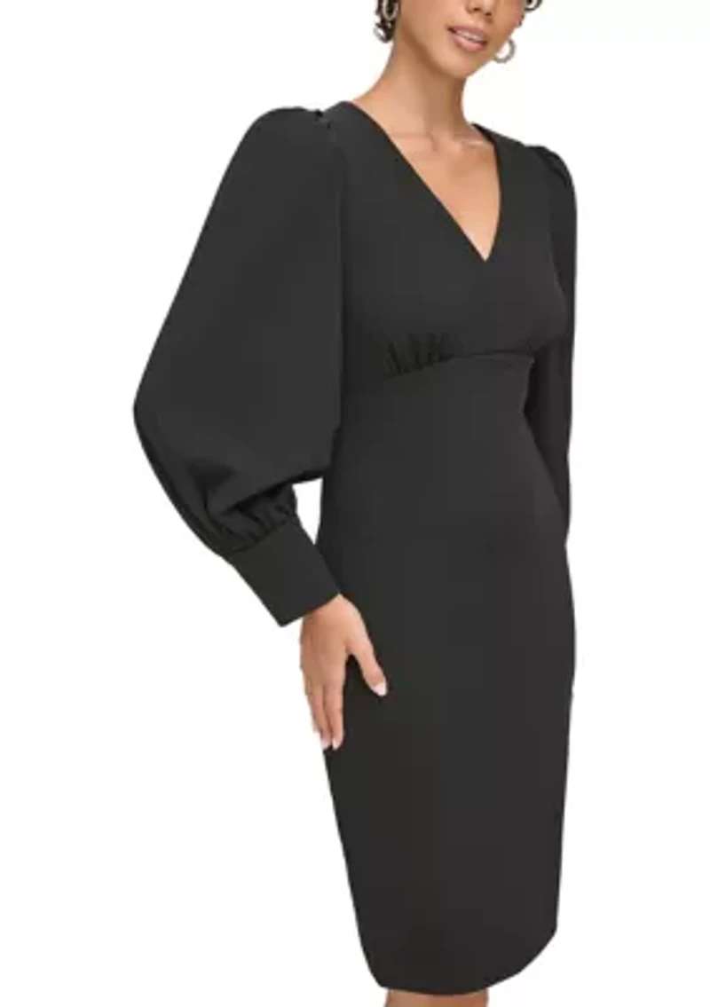 Women's Long Sleeve V-Neck Puff Solid Sheath Dress