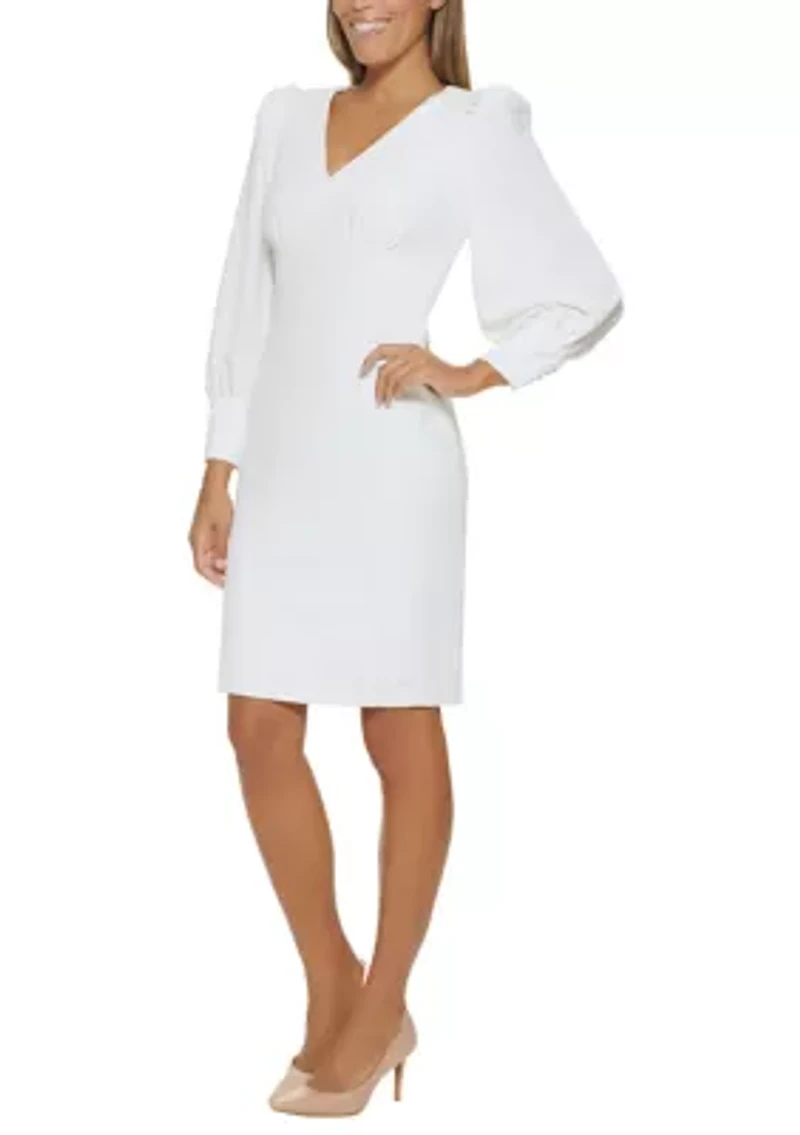 Women's Long Sleeve V-Neck Puff Solid Sheath Dress
