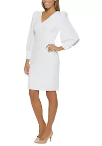 Women's Long Sleeve V-Neck Puff Solid Sheath Dress