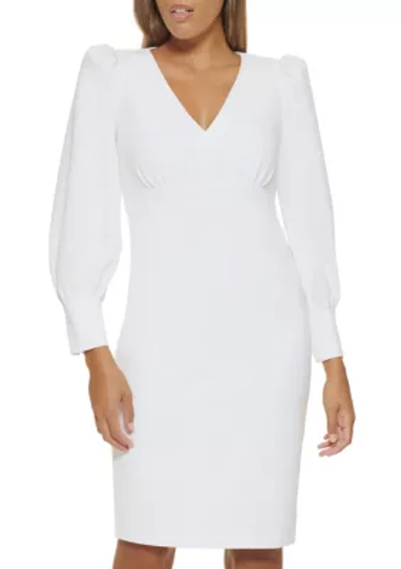 Women's Long Sleeve V-Neck Puff Solid Sheath Dress