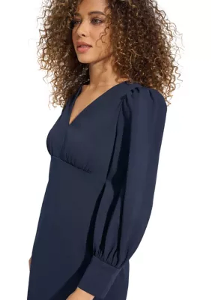 Women's Long Sleeve V-Neck Puff Solid Sheath Dress
