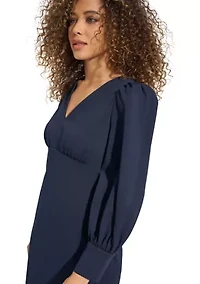 Women's Long Sleeve V-Neck Puff Solid Sheath Dress