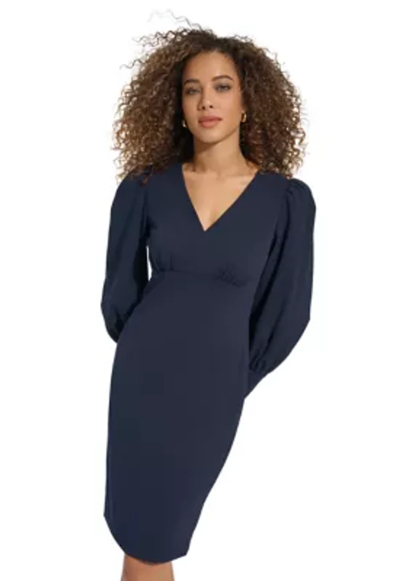 Women's Long Sleeve V-Neck Puff Solid Sheath Dress