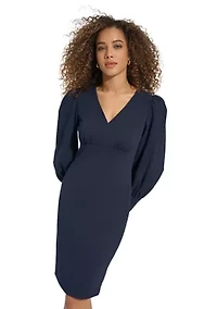 Women's Long Sleeve V-Neck Puff Solid Sheath Dress