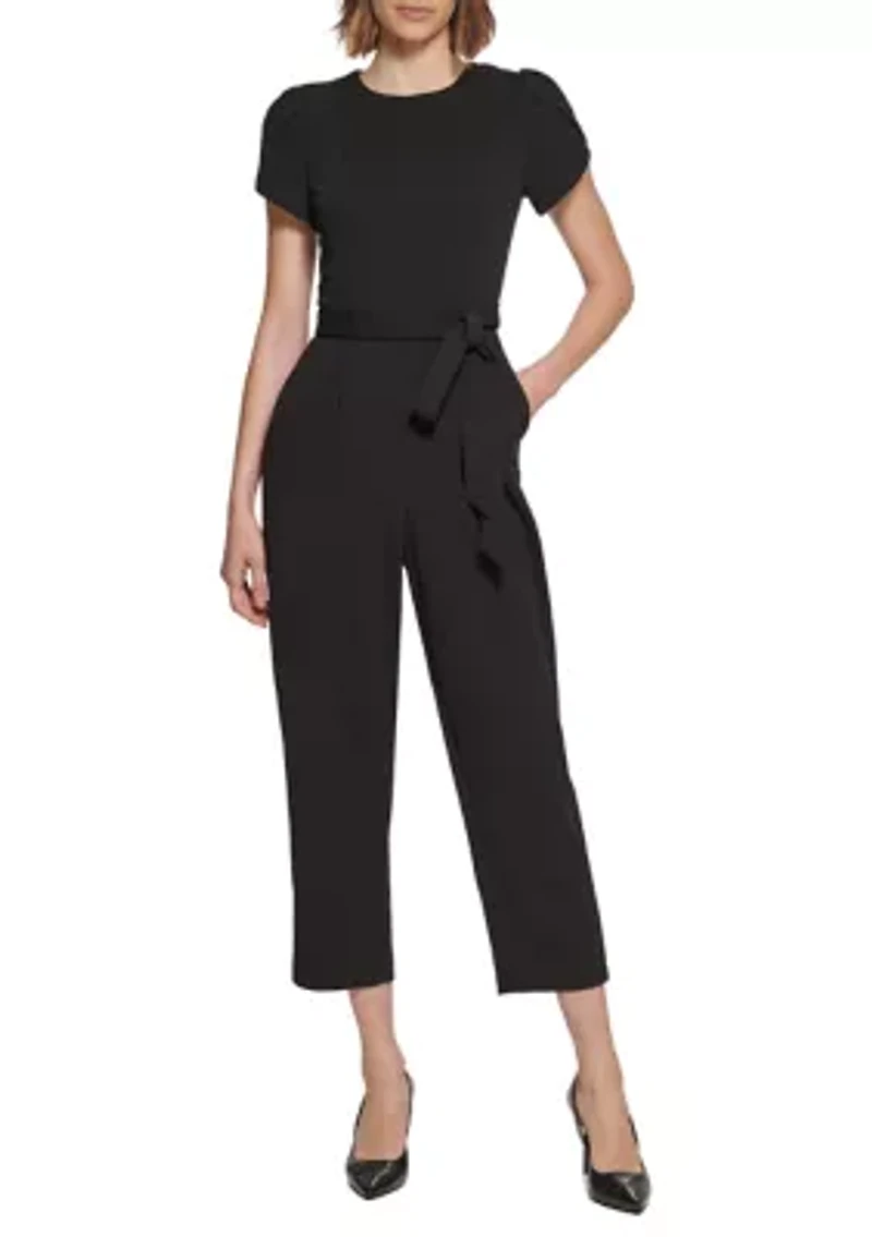 Women's Short Sleeve Boat Neck Tie Waist Solid Jumpsuit