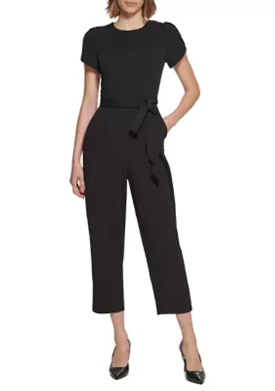 Women's Short Sleeve Boat Neck Tie Waist Solid Jumpsuit