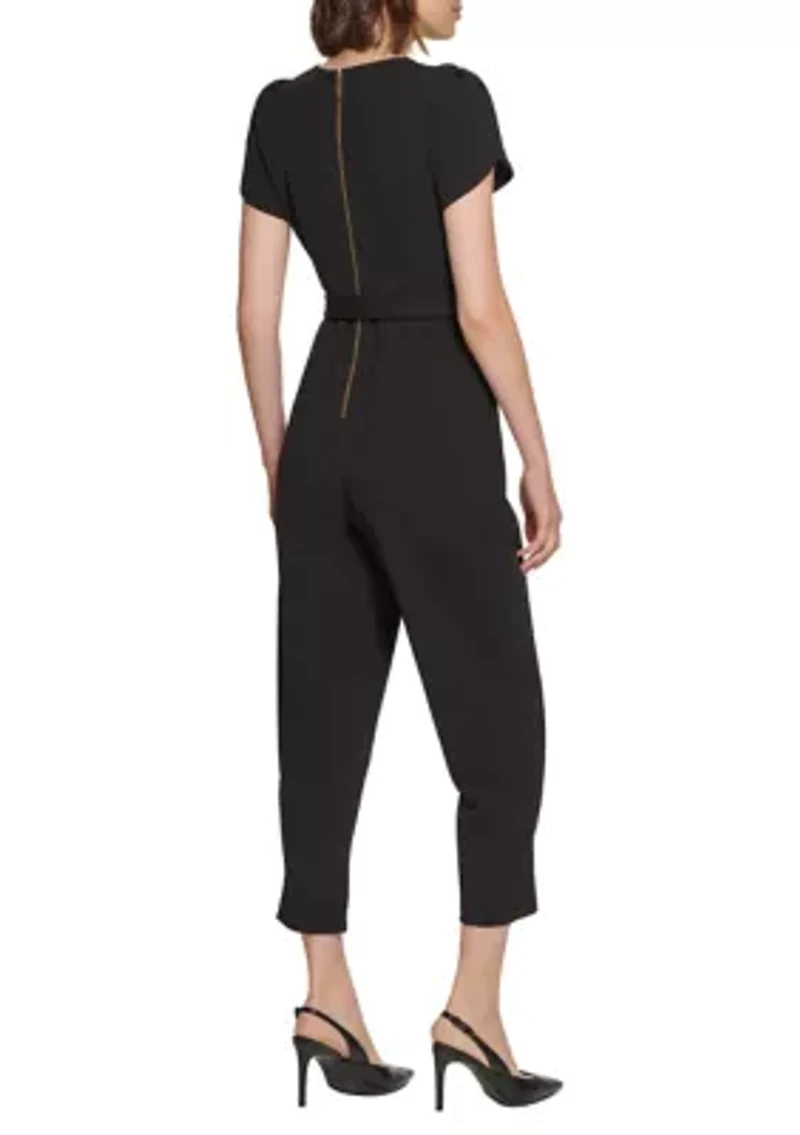 Women's Short Sleeve Boat Neck Tie Waist Solid Jumpsuit