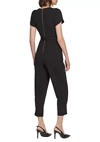 Women's Short Sleeve Boat Neck Tie Waist Solid Jumpsuit