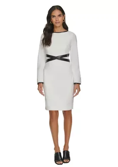 Women's Long Sleeve Boat Neck Belted Fit and Flare Dress