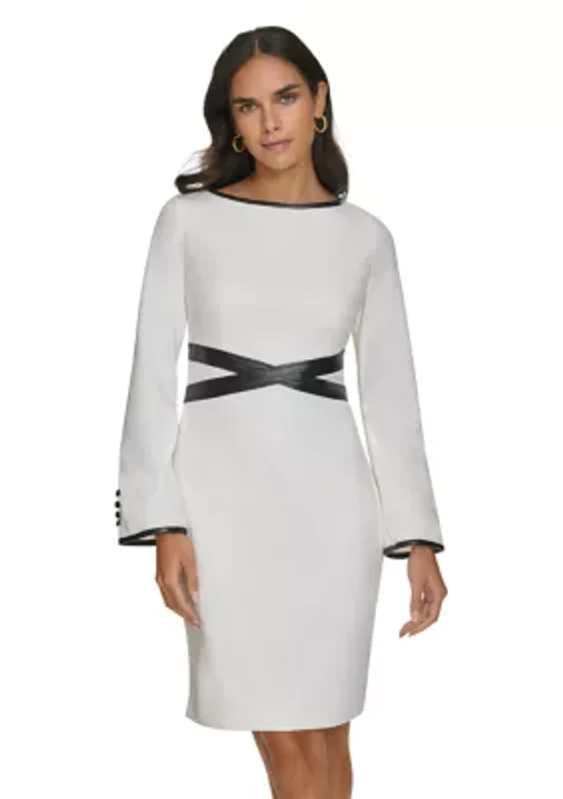 Women's Long Sleeve Boat Neck Belted Fit and Flare Dress