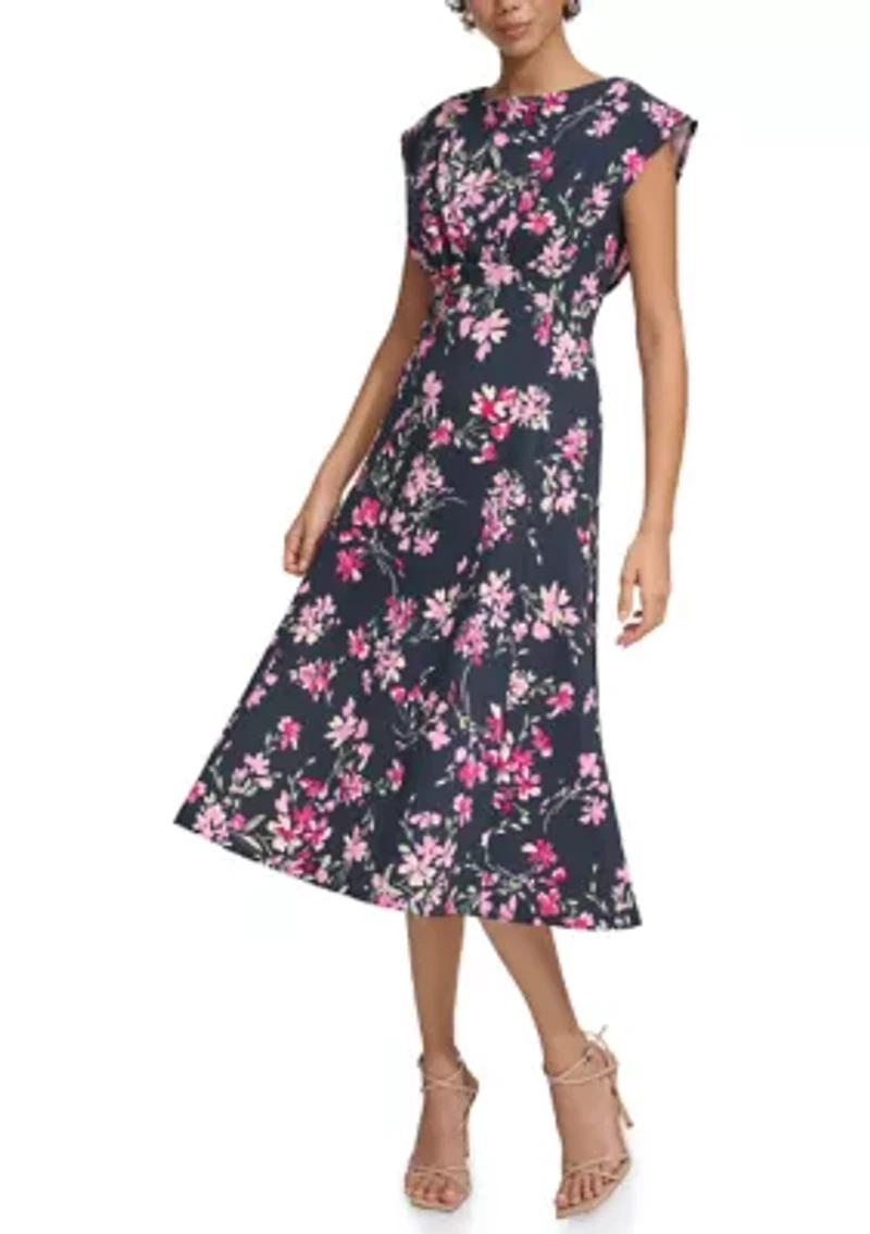 Women's Short Sleeve Floral Print Midi Dress
