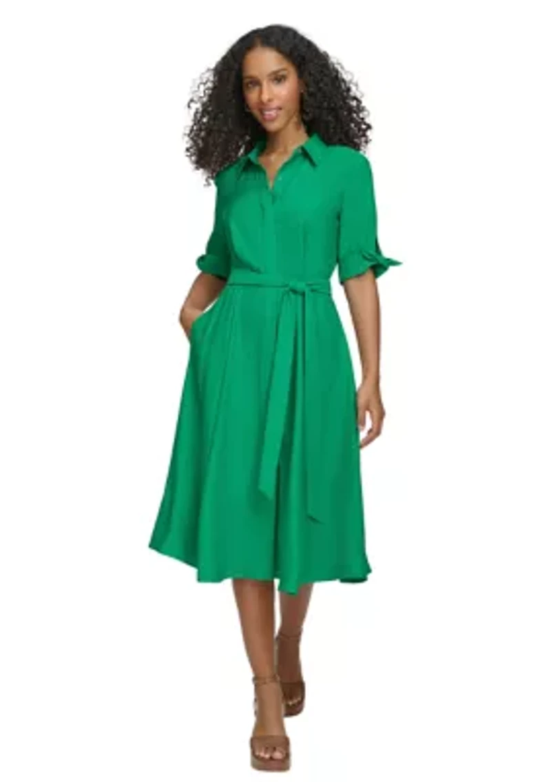 Women's Elbow Sleeve Collared Tie Waist Dress