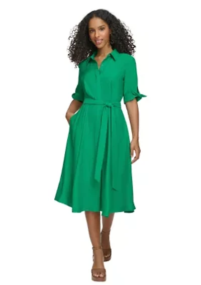 Women's Elbow Sleeve Collared Tie Waist Dress