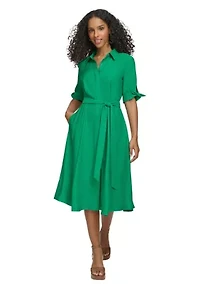 Women's Elbow Sleeve Collared Tie Waist Dress
