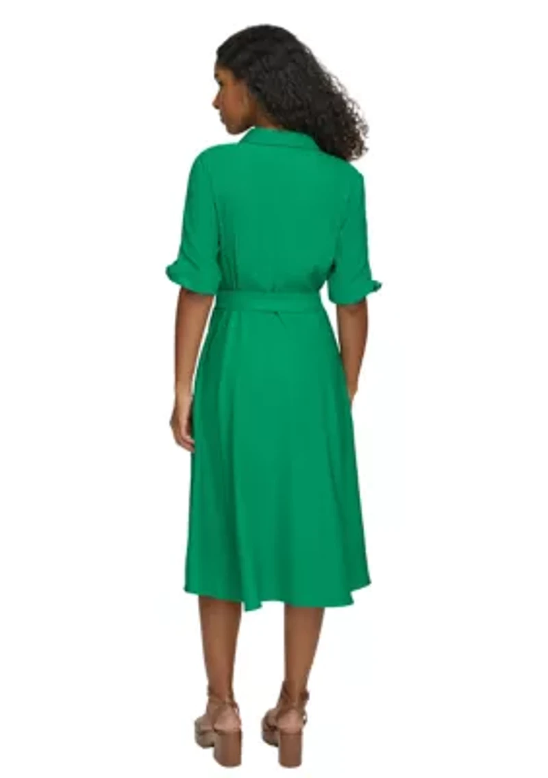 Women's Elbow Sleeve Collared Tie Waist Dress