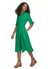 Women's Elbow Sleeve Collared Tie Waist Dress