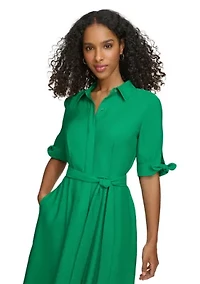 Women's Elbow Sleeve Collared Tie Waist Dress