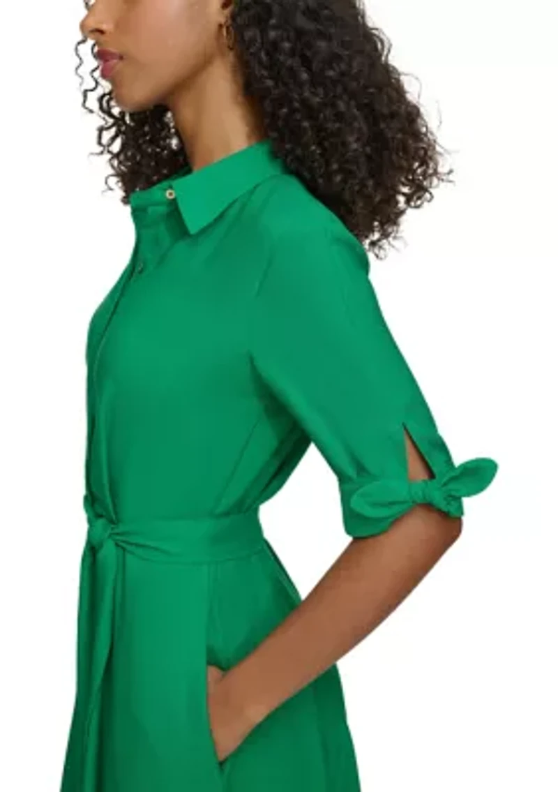 Women's Elbow Sleeve Collared Tie Waist Dress