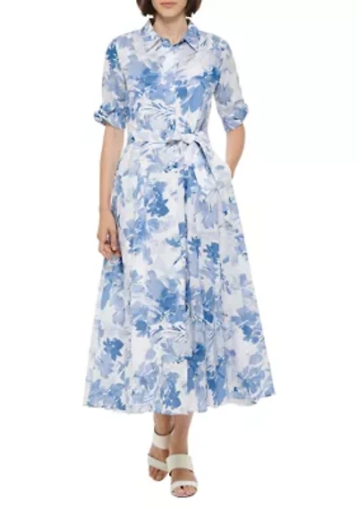 Women's Short Sleeve Collar Neck Floral Print Midi Dress
