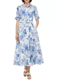 Women's Short Sleeve Collar Neck Floral Print Midi Dress